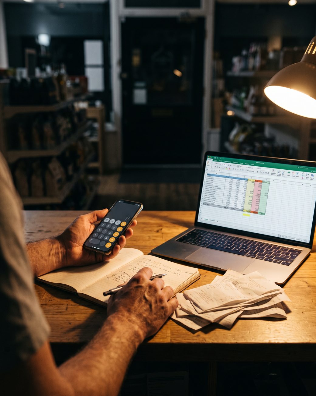 A business owner at the counter after closing, a phone calculator in one hand, receipts and a notebook next to a laptop